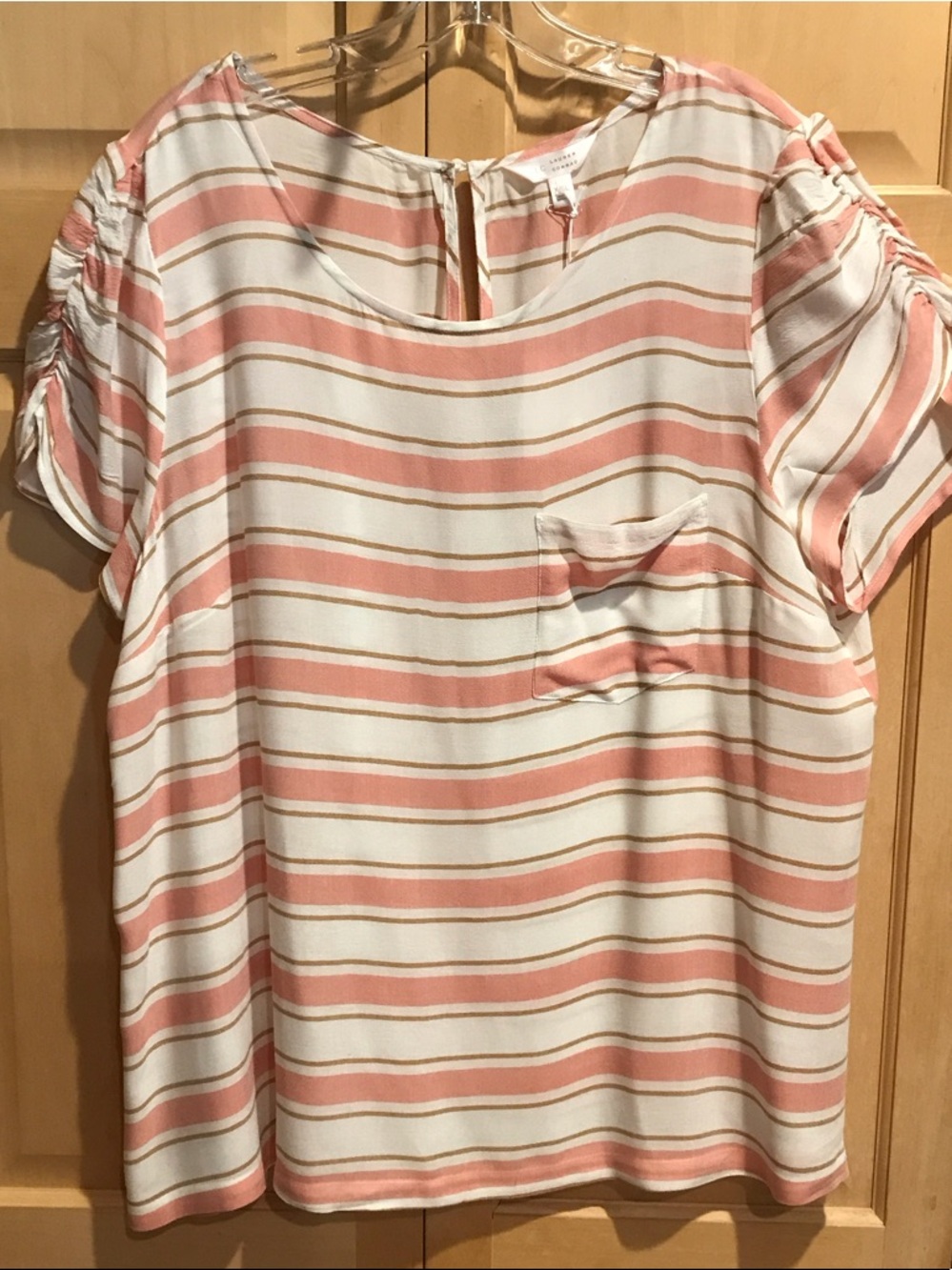 LC Lauren Conrad Blush and Cream Striped Short Sleeve Pocket  Blouse